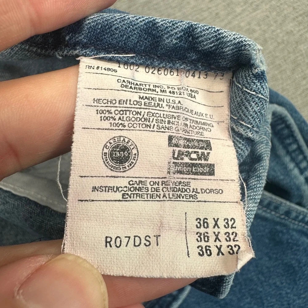 VTG Carhartt R07DST Denim Bib Overalls Mens 36x32 Blue Made in USA Distressed